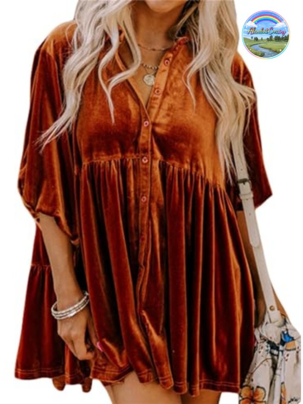 Womens Velvet Tunic Top 3/4 Sleeve Button Down Casual Babydoll Mini Dress